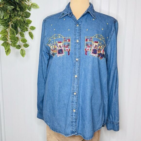Bobbie Brooks Sz M Denim Christmas Bear Couple Embroidered Button Down Shirt 870 - Picture 1 of 16